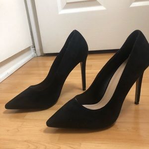 BLACK FAUX SUEDE POINTED HIGH HEELS